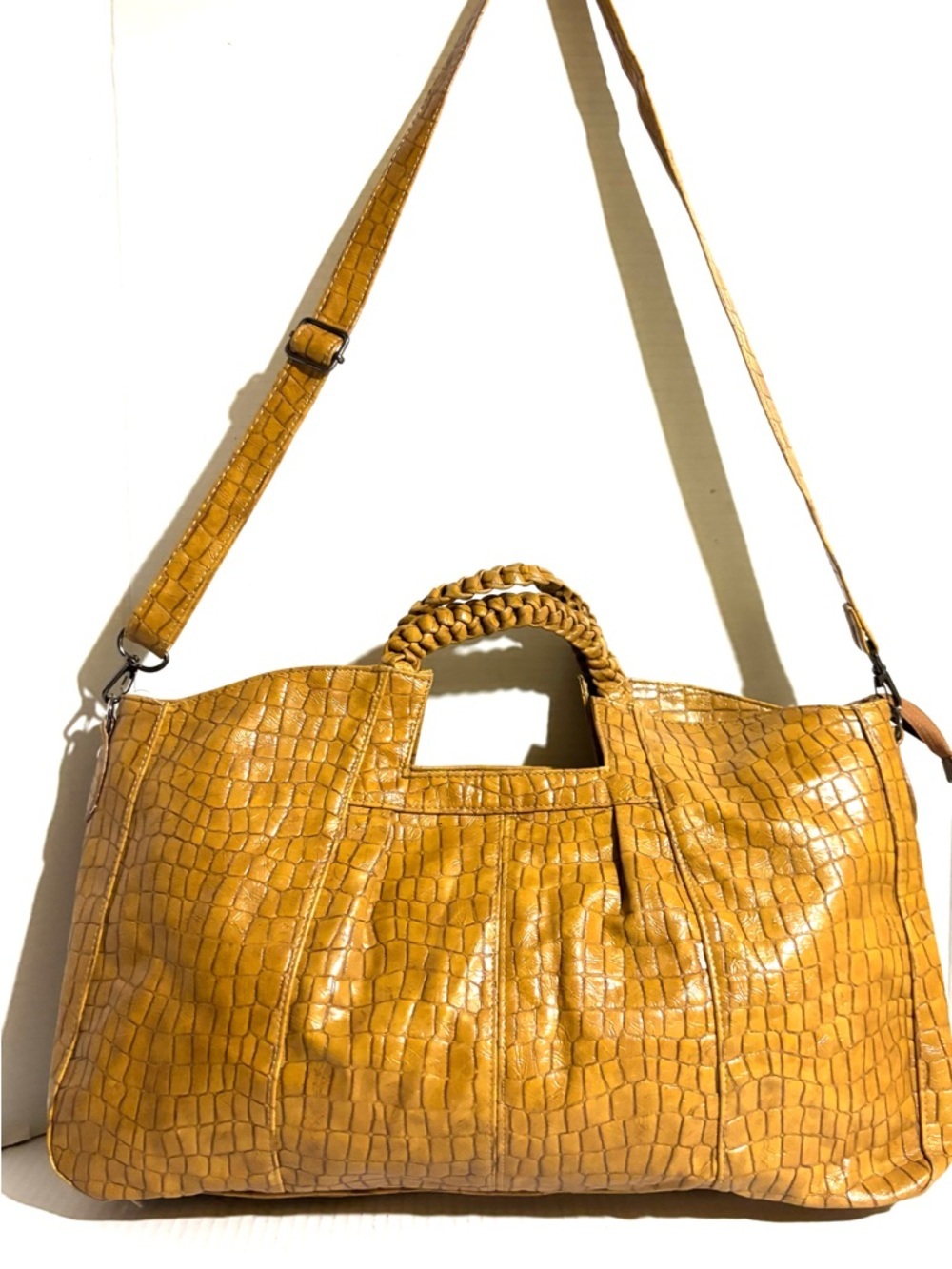 Braided-Handle Croc-Embossed Shoulder Bag in Mustard